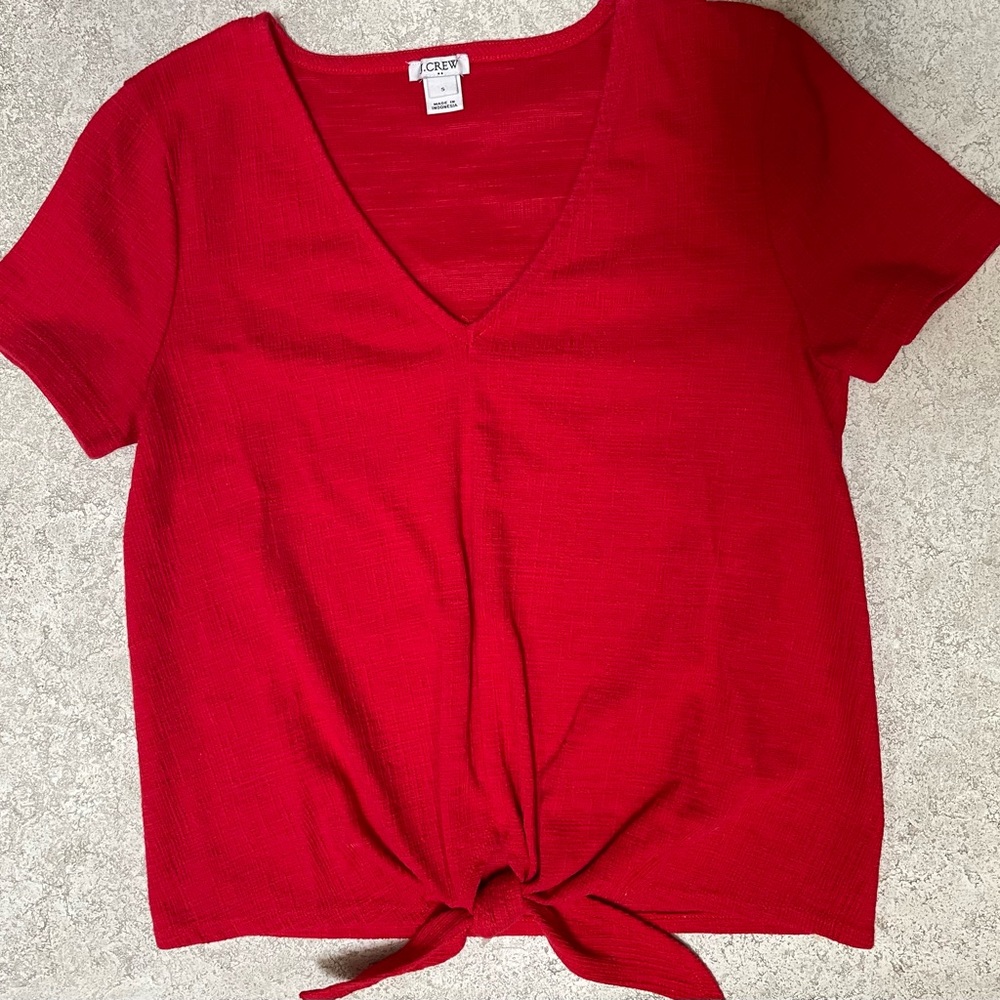 J. Crew Red V-Neck Short Sleeve Tie-Front Top